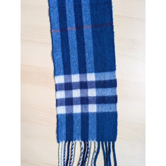 Burberry 100% Cashmere Made In Scotland Narrow Blue Tartan Plaid Scarf - Picture 7 of 16